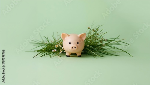 Plastic pig resting on a be...