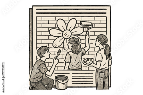 Young people painting large flower mural on brick wall during community art project