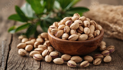 Pistachios scattered on a w...