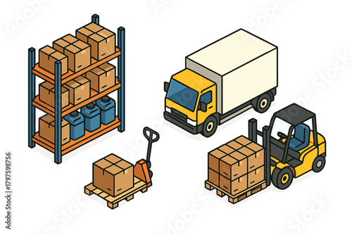 Isometric set of logistics and warehouse equipment delivery truck forklift shelving pallet jack