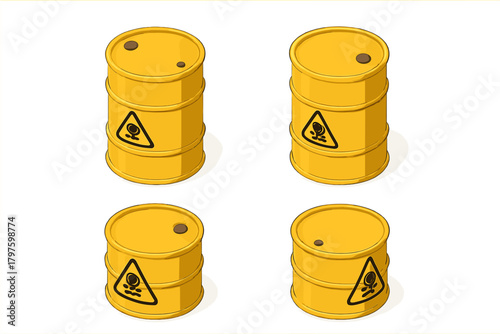 Isometric view of four yellow metal barrels with toxic hazard warning signs