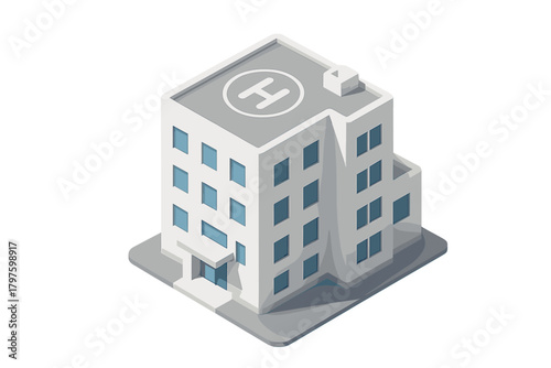 Healthcare facility architecture in isometric view featuring a rooftop helipad