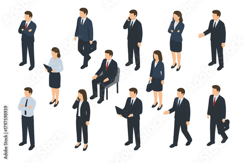 Group of diverse professional business people in isometric view performing various corporate activities