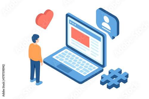 Isometric view of a person using a laptop for online networking and digital content interaction