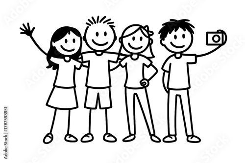 Minimalist black and white stick figures of four happy friends posing for a group selfie