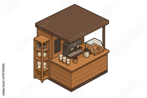 Small wooden coffee stand featuring an espresso machine and display case in isometric perspective