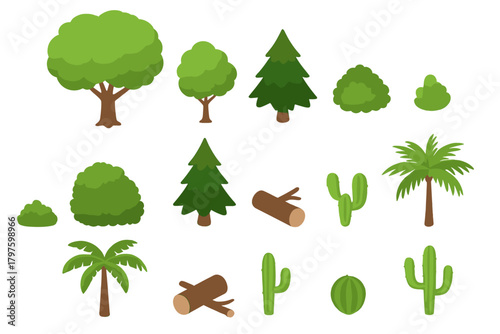 Diverse collection of natural elements: deciduous trees, conifers, bushes, logs, cacti, and palm trees