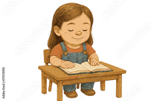 Young child sitting at a school desk concentrating on reading an open book