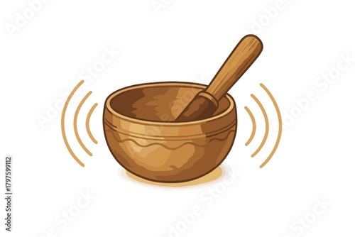 Traditional metal singing bowl with wooden striker and radiating sound waves for meditation