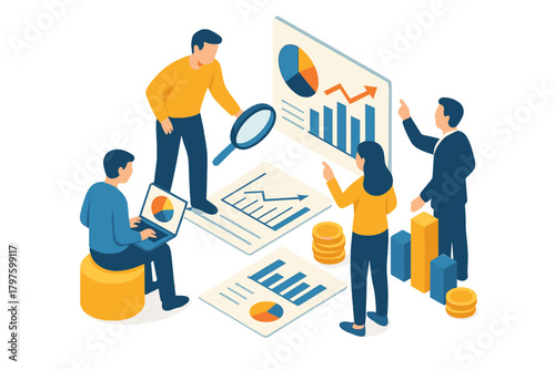 Team analyzing financial data and business growth charts using a laptop and magnifying glass
