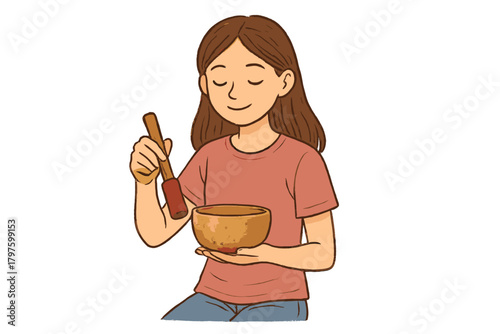 Peaceful woman playing a Tibetan singing bowl during a mindful meditation session