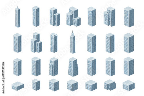 Collection of various isometric city buildings, modern skyscrapers, and architectural elements
