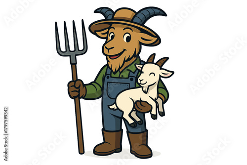 Friendly cartoon goat farmer mascot holding a pitchfork and a cute baby kid animal