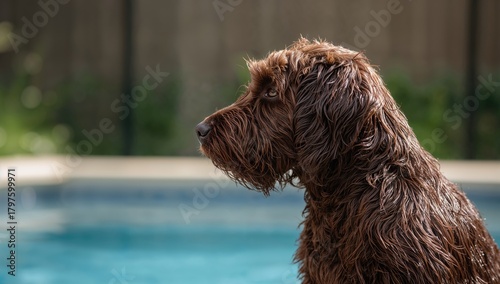 Wet dog resting beside a sw...