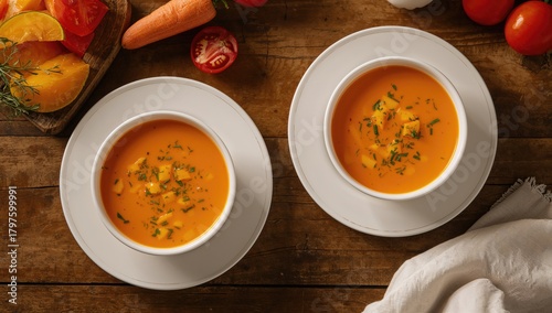Two bowls of squash soup po...