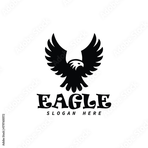 Traditional flying eagle mascot logo vector template , powerful raptor bird emblem with spread wings design , classic black eagle corporate identity icon , 