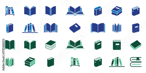 Open book icon. Open book, closed book icon set. Book icon set. Color book icons. Outline book symbol. Library symbol in glyph. Open and closed dictionary set. Education sign.