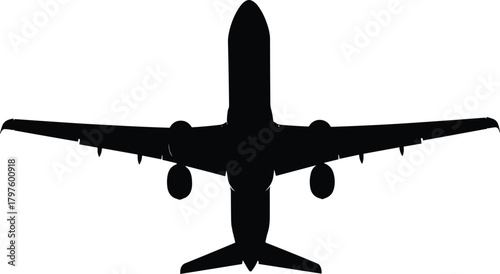 Black silhouette of a commercial airplane viewed from directly above aircraft commercial jet