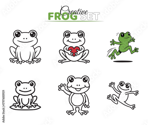 various frog silhouette collections, black amphibian icons, dynamic frog poses, nature graphics, vector design, animal movement, illustration set,