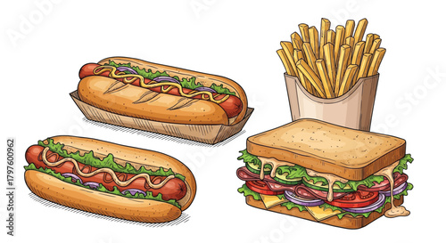 Delicious hotdogs, crispy fries, and a loaded sandwich for an amazing meal deal