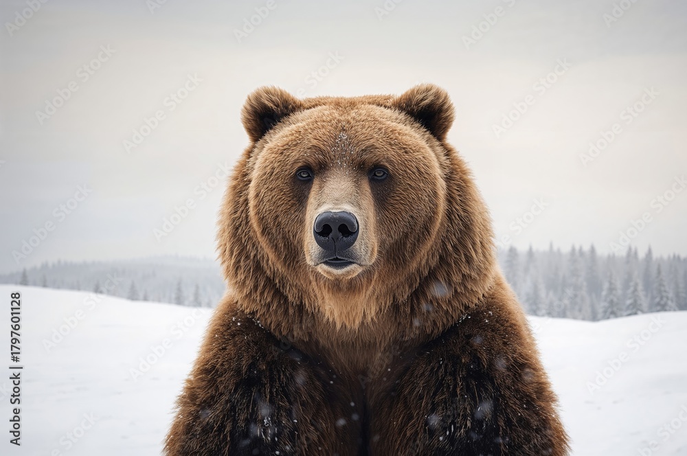 Fototapeta premium Portrait of a brown grizzly bear against a snowy backdrop