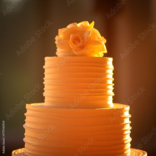Multi-tiered cram white wedding cake close-up floral decor roses soft, hazy background bridal party