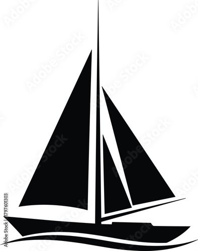 Black silhouette of a sailboat with sails on wavy water sailing ship