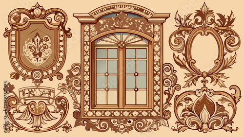 Very beautiful set of engraved Victorian window designs, featuring intricate patterns, ornate frames, and detailed craftsmanship, ideal for historical architecture and decorative design projects.