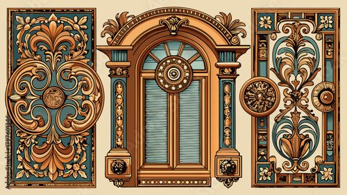 Very beautiful set of engraved Victorian window designs, featuring intricate patterns, ornate frames, and detailed craftsmanship, ideal for historical architecture and decorative design projects.