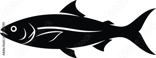 Black silhouette of a fish with white accents on a white background animal