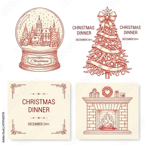Vintage christmas dinner illustration with snow globe, tree, fireplace, and invitation card