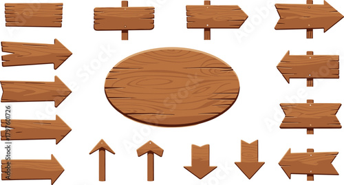 Cartoon wooden signboards and directional arrows in various shapes and styles isolated on white background for UI or game design