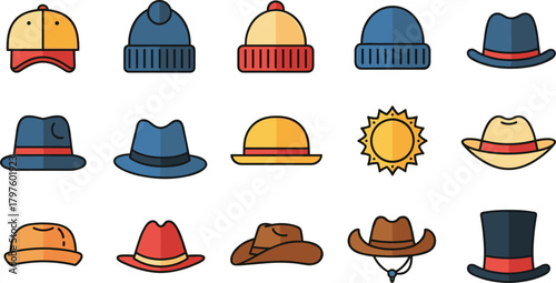 Collection of fifteen colorful hats including fedoras, beanies, cowboy hats, and top hats isolated on white background for design use