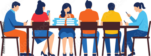 Professional business people team collaboration during a productive meeting in the office, discussing strategy, company growth, and achieving goals, represented by flat vector illustration