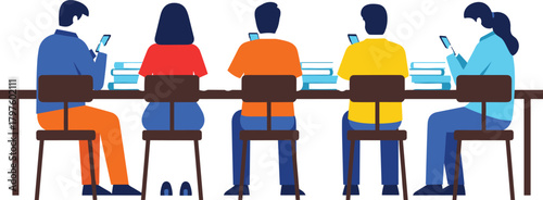 Group of People Seated at a Table, All Distracted by and Focused on Their Smartphones, Illustrating Digital Addiction, Social Isolation, and Technology Overuse Vector