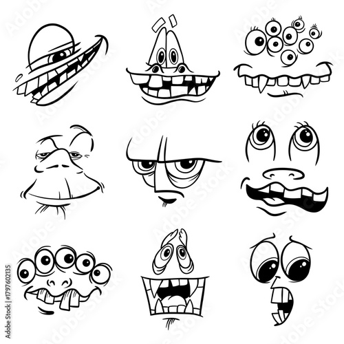 Creepy Cartoon Monster Faces Set – Funny Scary Vector Expressions