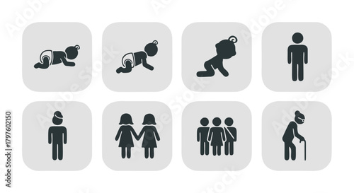 Visual representation of human life stages, from infancy to old age, in a simple icon style.