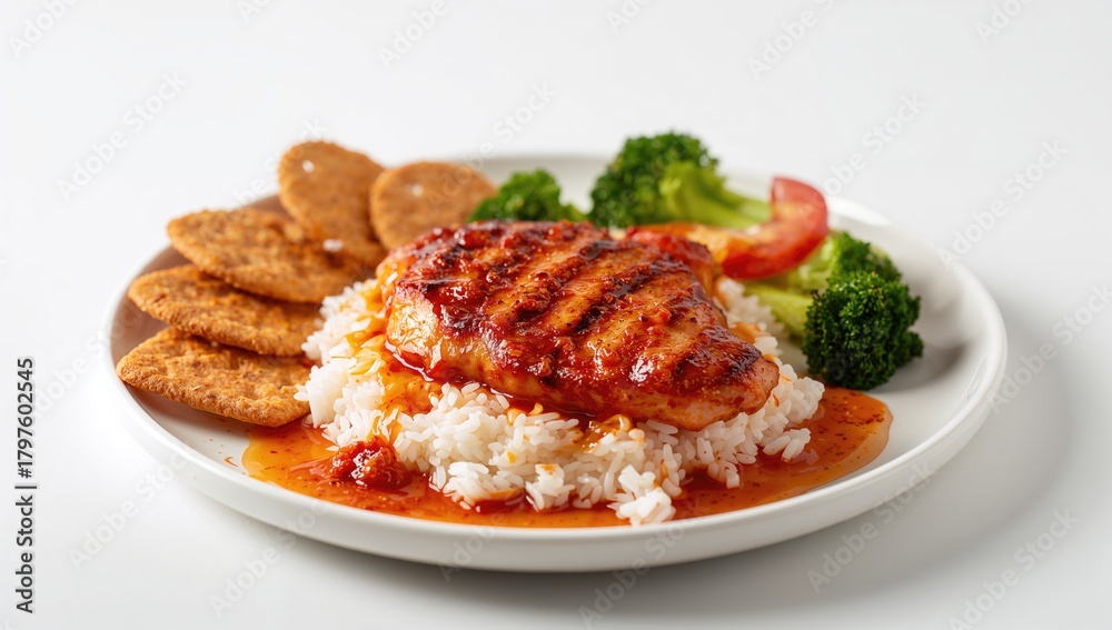 Fototapeta premium Grilled chicken served with rice, chili sauce, vegetables, and crackers, protein-rich meal