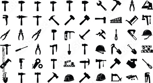 Construction tool vector icons set, black silhouette toolkit elements, industrial equipment symbols, handyman repair tools, carpentry hardware illustration collection