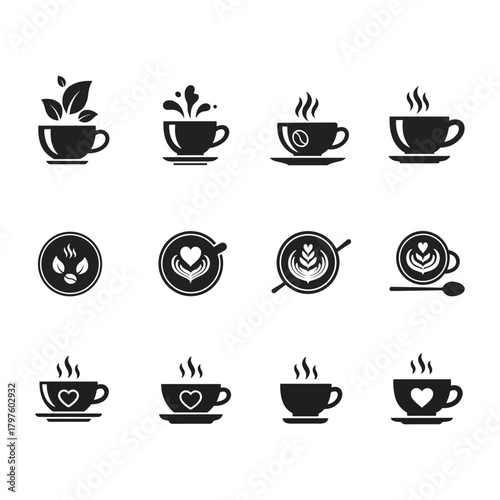 Coffee and tea cup icons. Hot drink, cafe, and latte art vector symbols set.