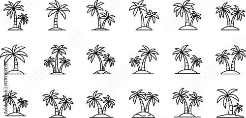 Extensive Vector Icon Set of Palm Trees and Tropical Islands in Simple Line Art, Ideal for Beach Vacations, Travel Agencies, and Summer Holiday Promotions