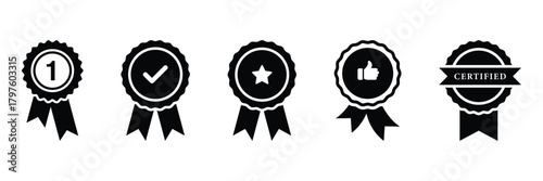 Approved or certified medal icon in a flat style. Rosette icons.  Approval check symbol. Winning award, prize, medal or badge. Verified medal icon. Icon in flat style.