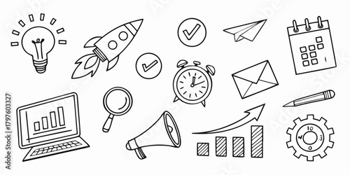 Clean hand-drawn business doodles featuring startup rocket, growth charts, idea light bulb, clock, paper plane, gears, and target icons. Minimal line art illustration for marketing, planning.