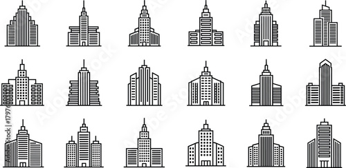 Large Collection of Modern City Skyscraper Icons Vector Set in Black Line Art, Representing Urban Architecture, Business Centers, and Downtown Real Estate Development