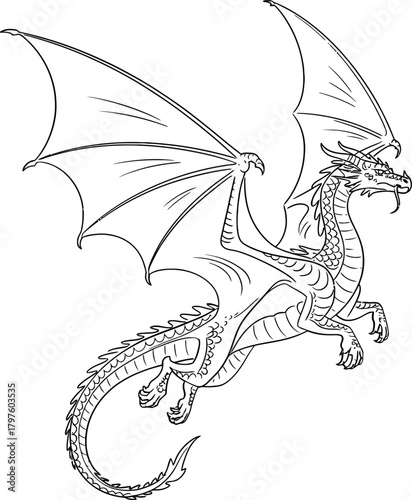 Detailed line art drawing of a majestic mythical dragon in flight