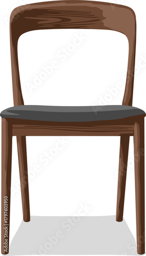 Minimalist wooden chair with curved backrest and dark cushioned seat, front view furniture illustration for interior design concepts