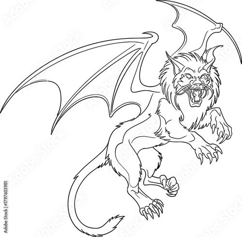 Detailed line art drawing of a ferocious winged lion creature in mid air