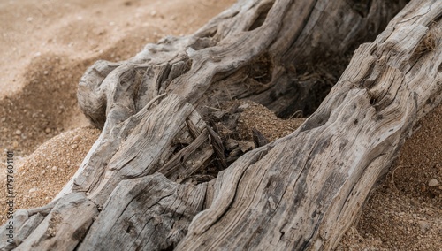 Fototapeta Naklejka Na Ścianę i Meble -  Texture of weathered wood interacting with sandy beach, erosion risk