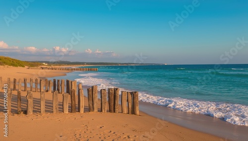 Fototapeta Naklejka Na Ścianę i Meble -  Wooden wave barriers along the shoreline, erosion risk