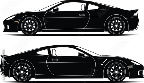 PrintBlack sports car side view illustrations showcasing sleek aerodynamic design, modern performance vehicle details, luxury automotive silhouette artwork for graphic design projects